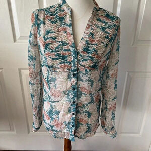 Twentyone Junior Womens Button Up Top Large Floral Sheer Pleats Cottage Core